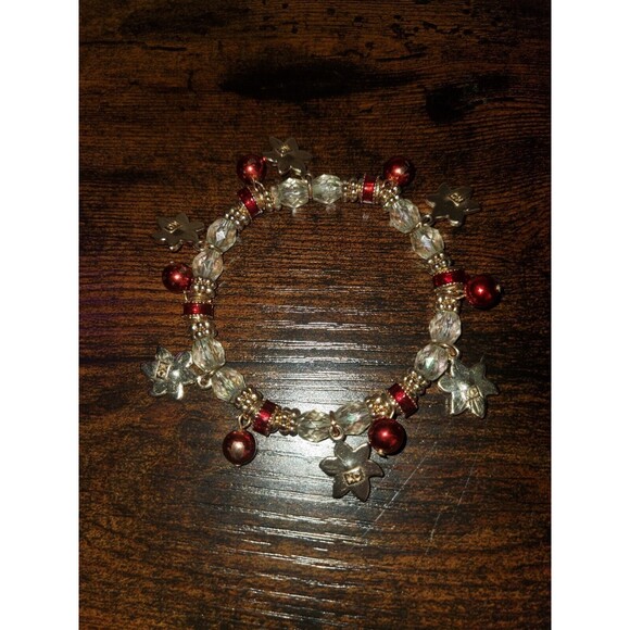 Kenneth Cole Red Flower Charm Bracelet Crystal Beads Stretch Holiday Jewelry - Picture 6 of 6
